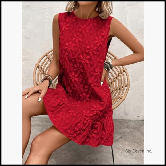 Ruffle Hem Sleeveless Tank Dress Casual Jacquard Smock Mini Dress - Picture 6 of 6